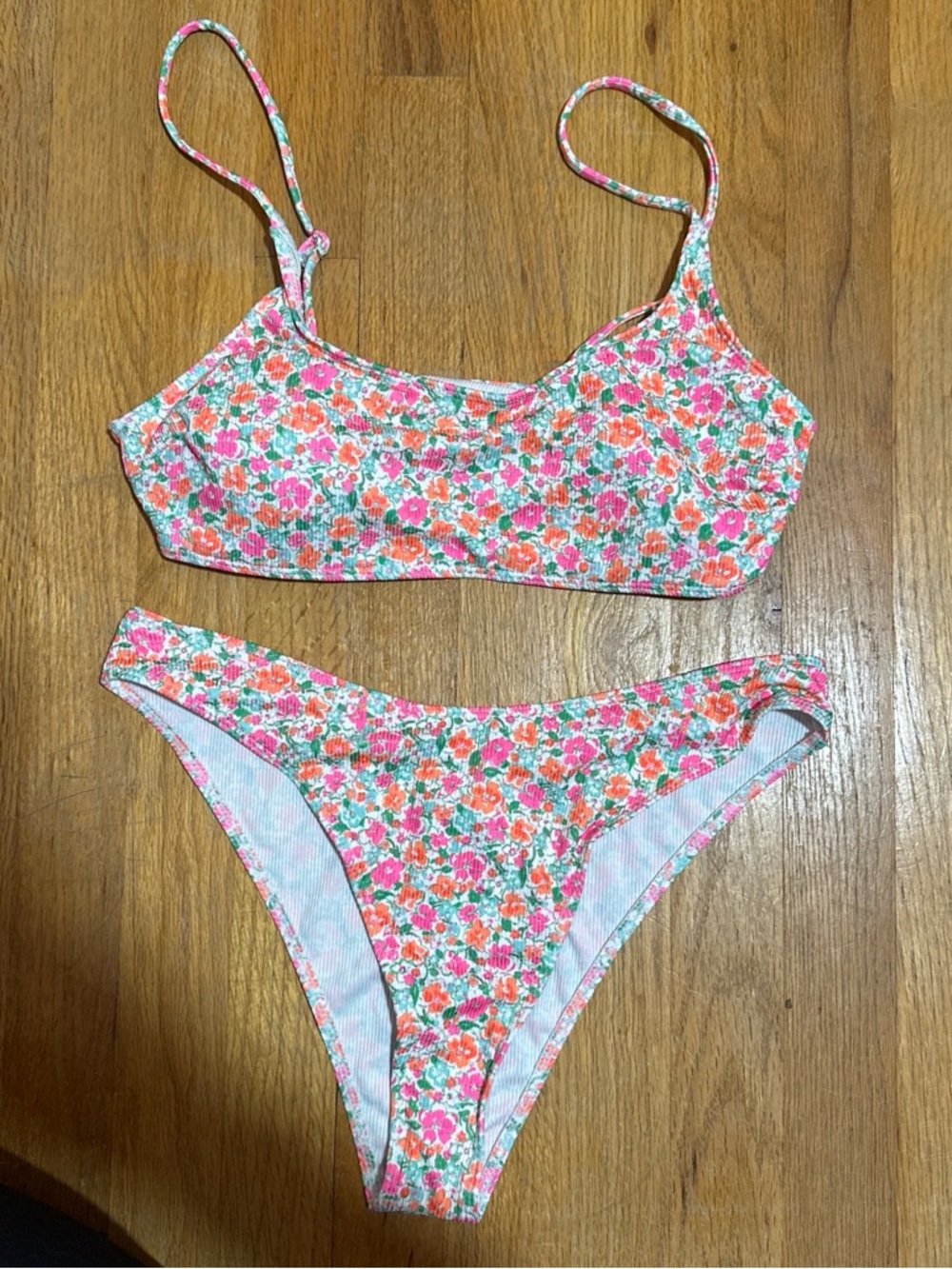 SHEIN Pink & Orange Floral Ribbed Bikini Set